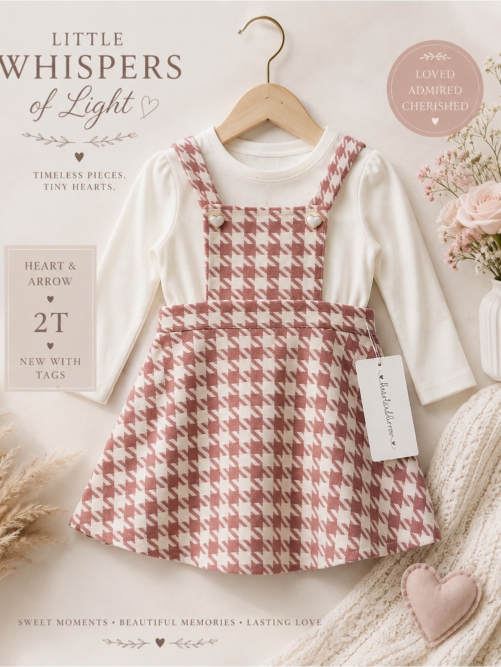 NWT Heart & Arrow Girls Houndstooth Jumper Dress Set 2T Pink Ivory